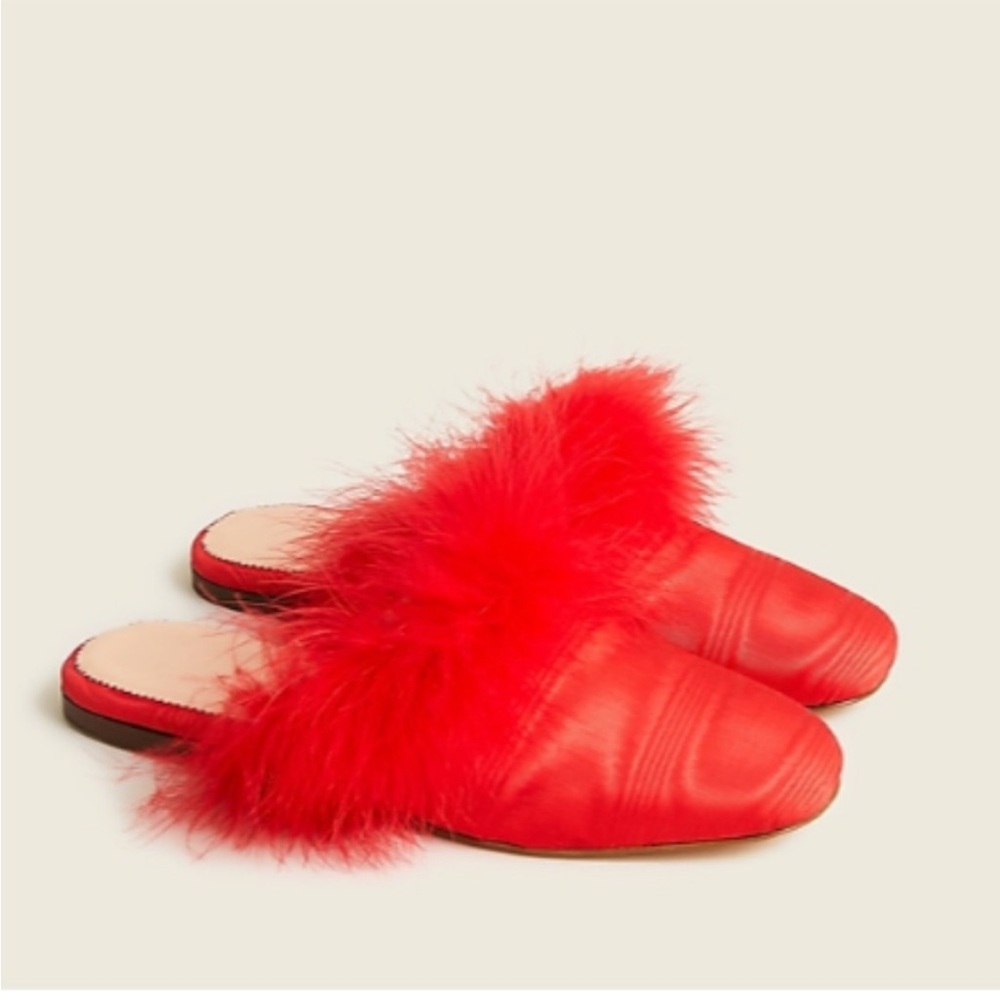 NWOT J.Crew Red Feather Trim Silk Mules Women’s Size 7.5